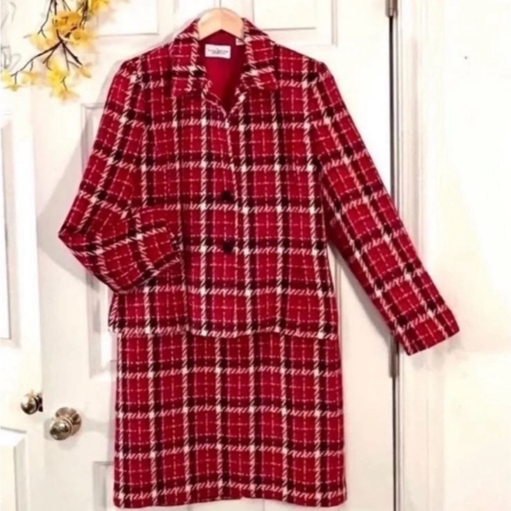Red Plaid Coat and Skirt Set